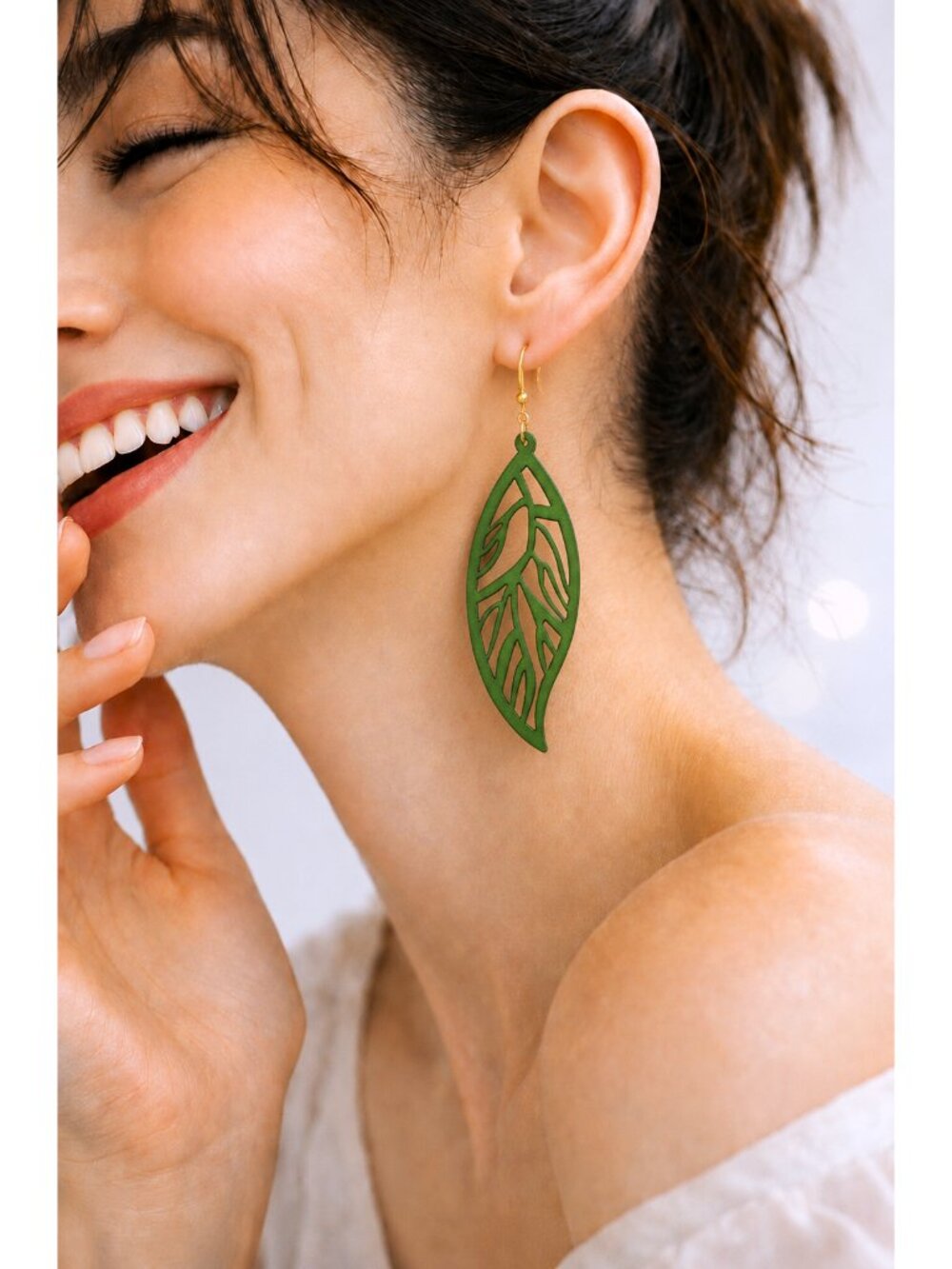 Artisan Wooden Leaf Earrings, Green Botanical Nature, Lightweight Dangle Jewelry